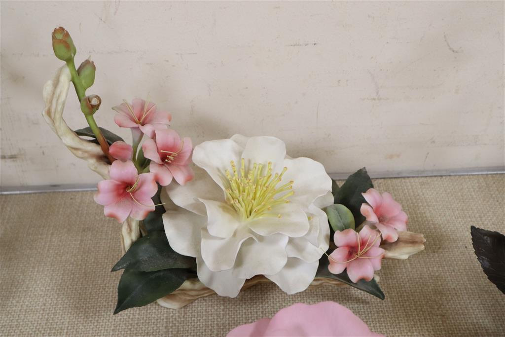 Five Boehm porcelain flower groups - Blue Nile Rose no.183, Pelargonium no.42, Pascal Rose with Freisas no.195, Annenberg Rose